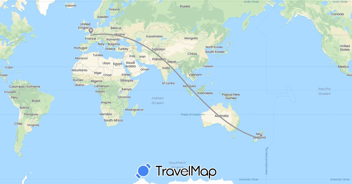 TravelMap itinerary: driving, plane in France, New Zealand, Singapore (Asia, Europe, Oceania)